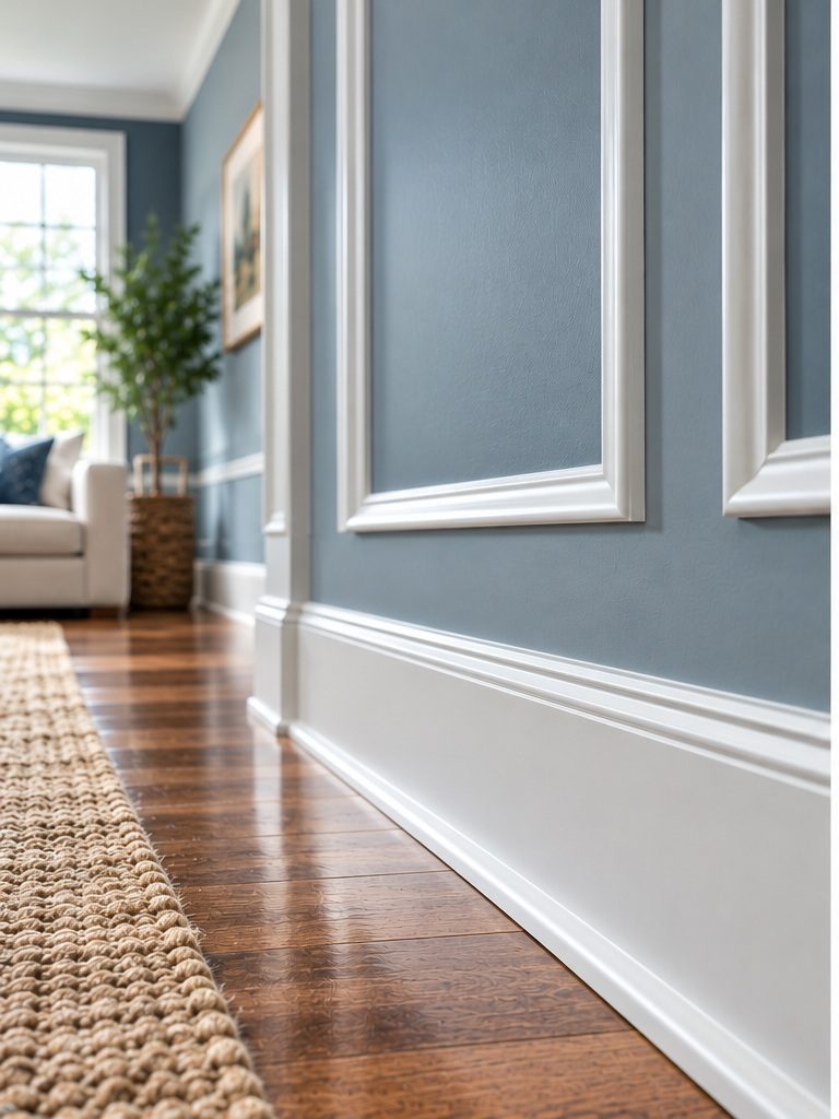 Blue-gray wall with crisp white trim and a clean hardwood-to-runner transition
