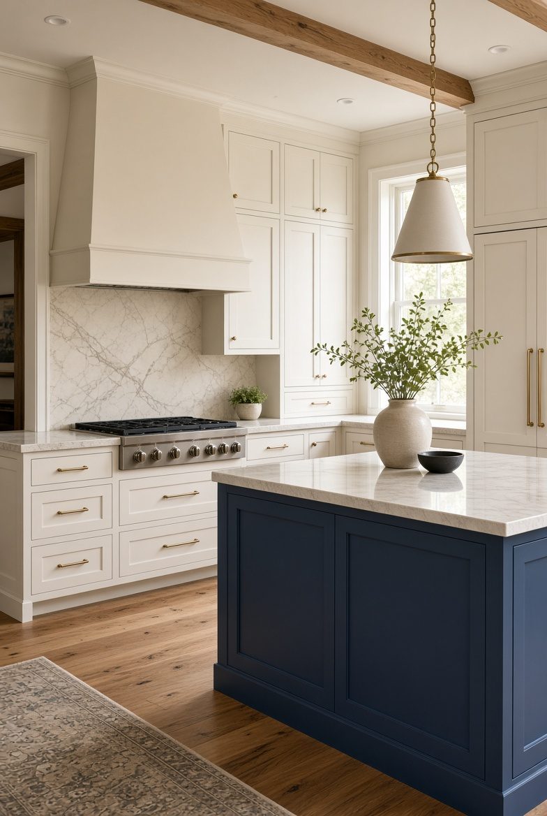 Finished kitchen with bright white cabinetry and a deep blue island