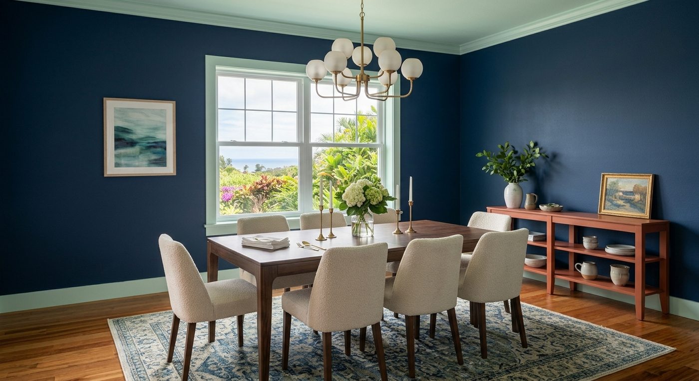 Finished dining room with deep navy painted walls and light trim