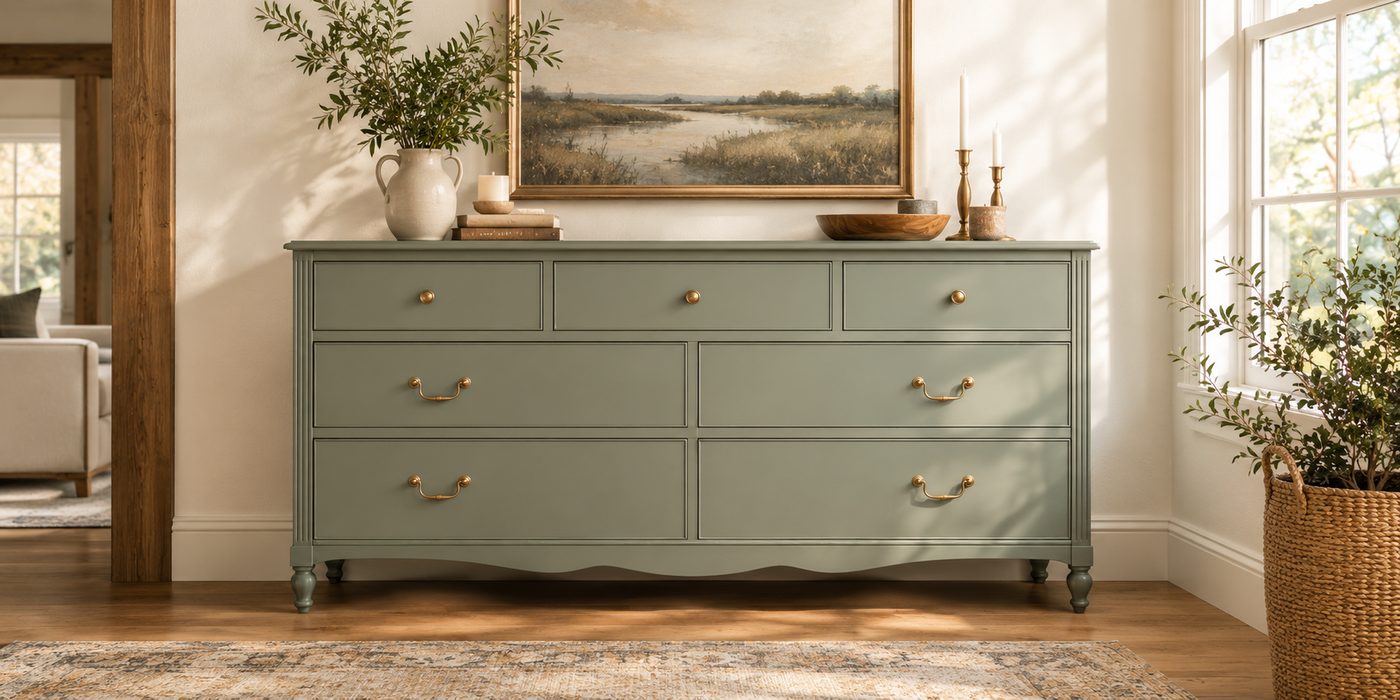 Freshly refinished sage-green vintage sideboard styled in a bright room