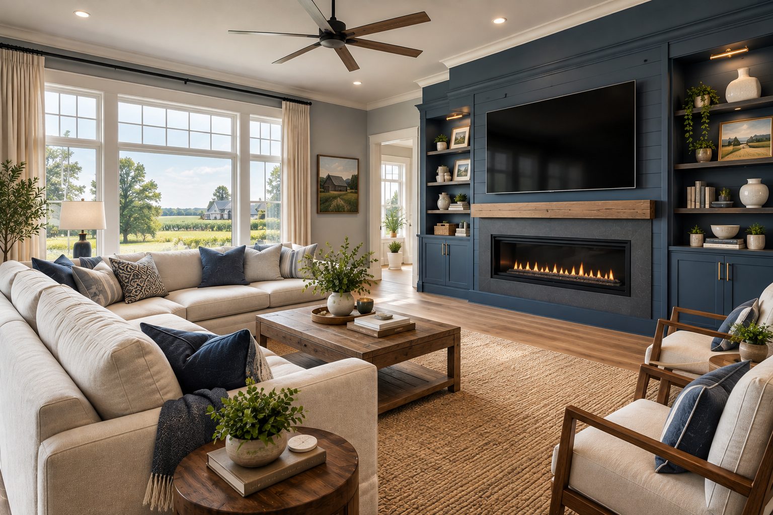 Finished modern living room with deep navy walls, cream furnishings, and a Midwestern countryside view