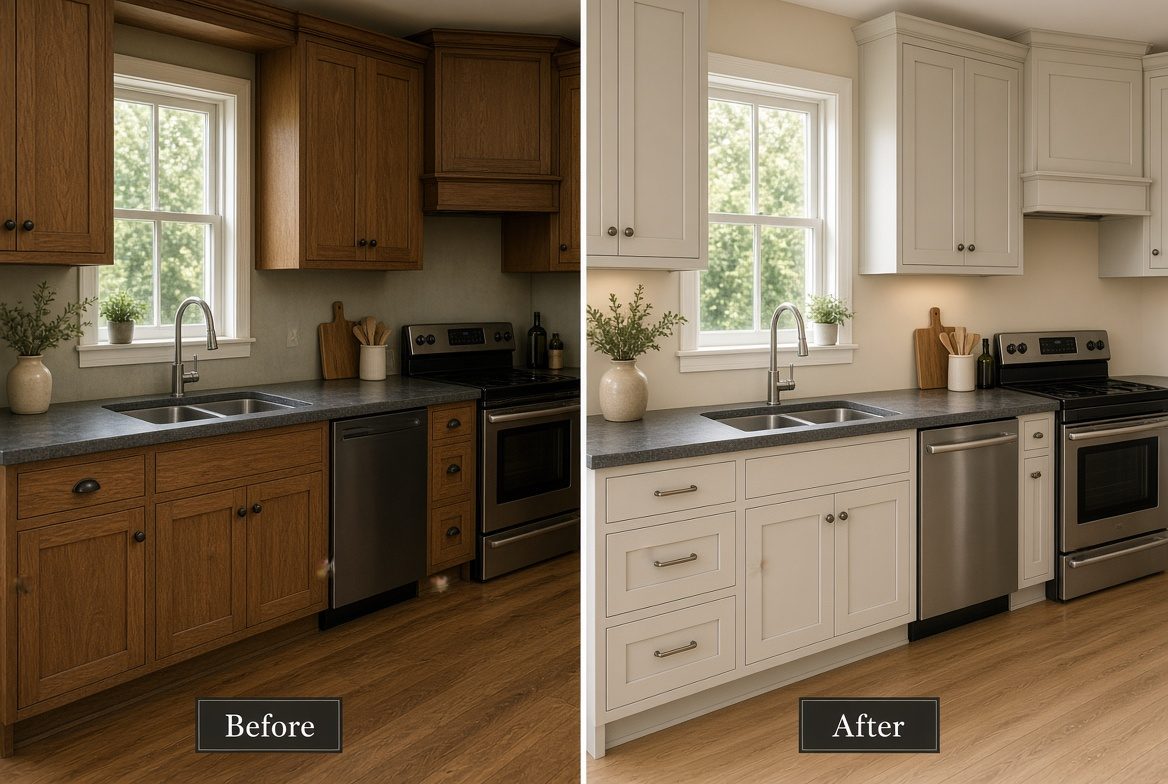 Before and after kitchen cabinet painting comparison shown side by side