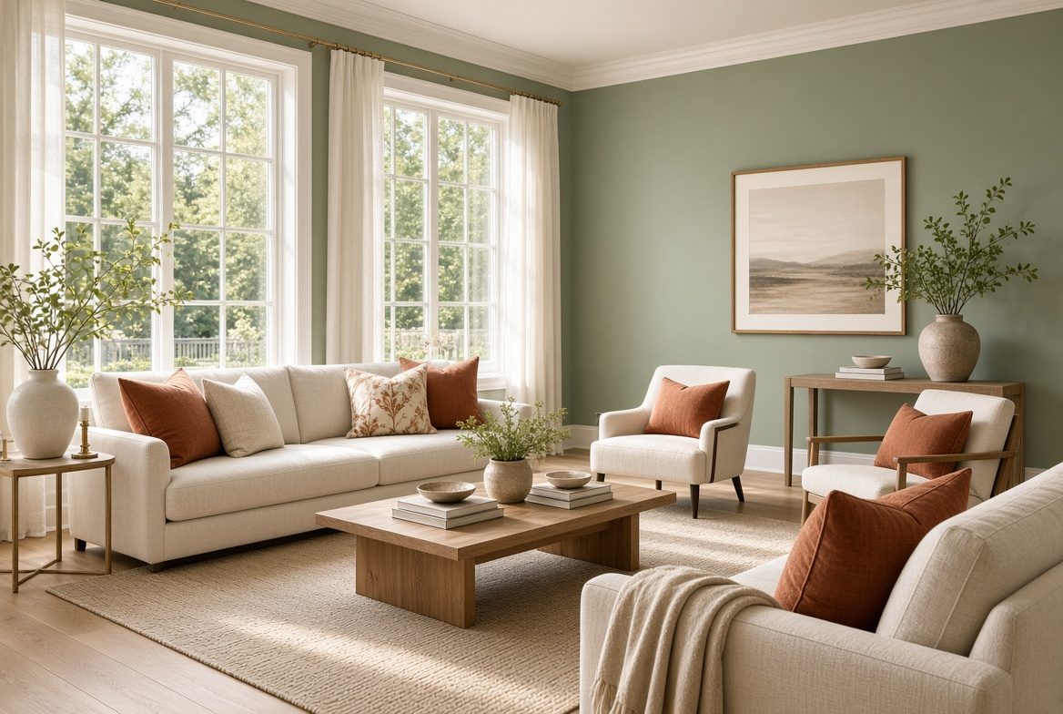Bright living room with soft green walls, light furnishings, and warm accent colors