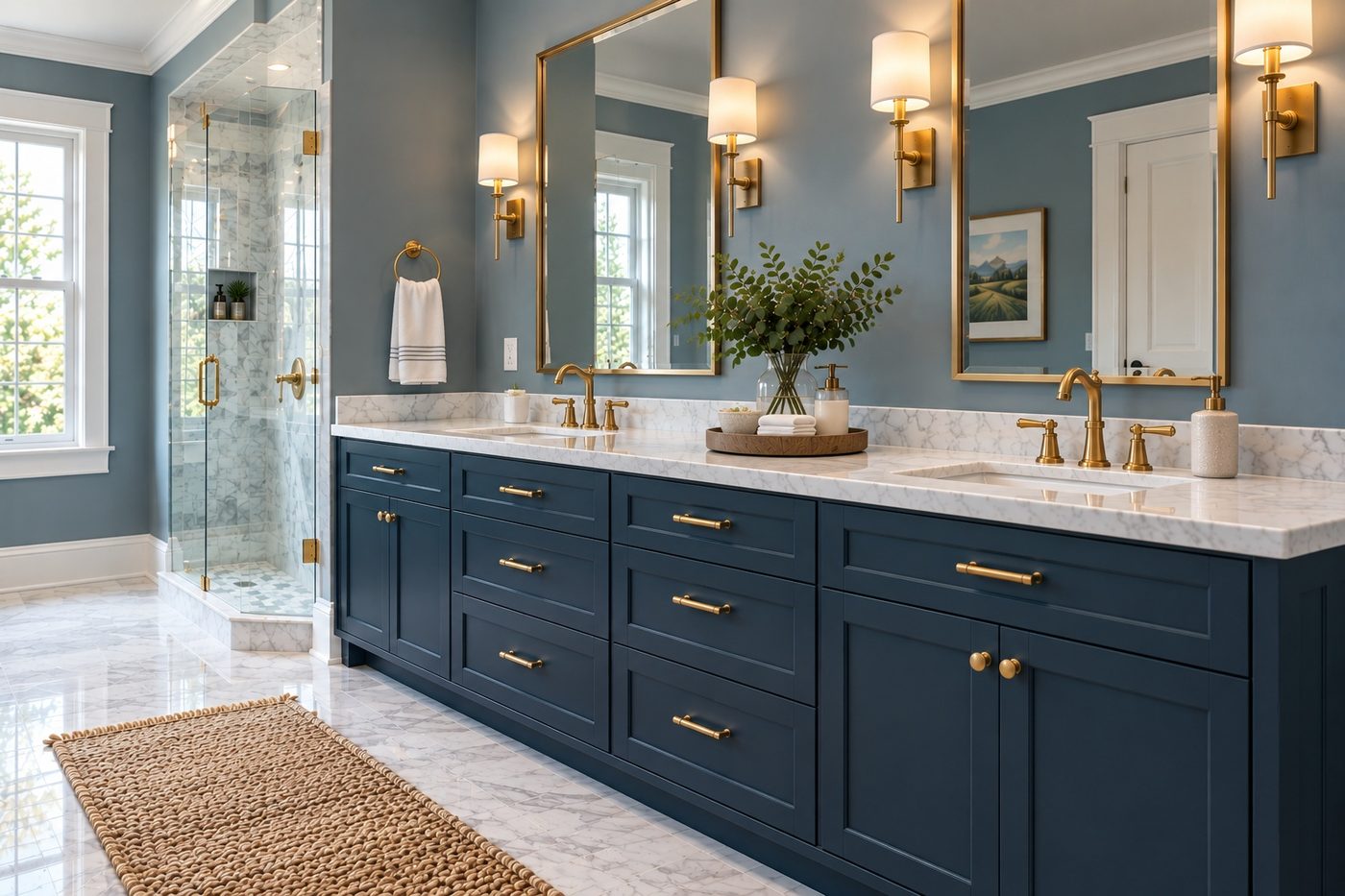 Finished bathroom with blue-gray walls, navy cabinetry, marble surfaces, and brass details